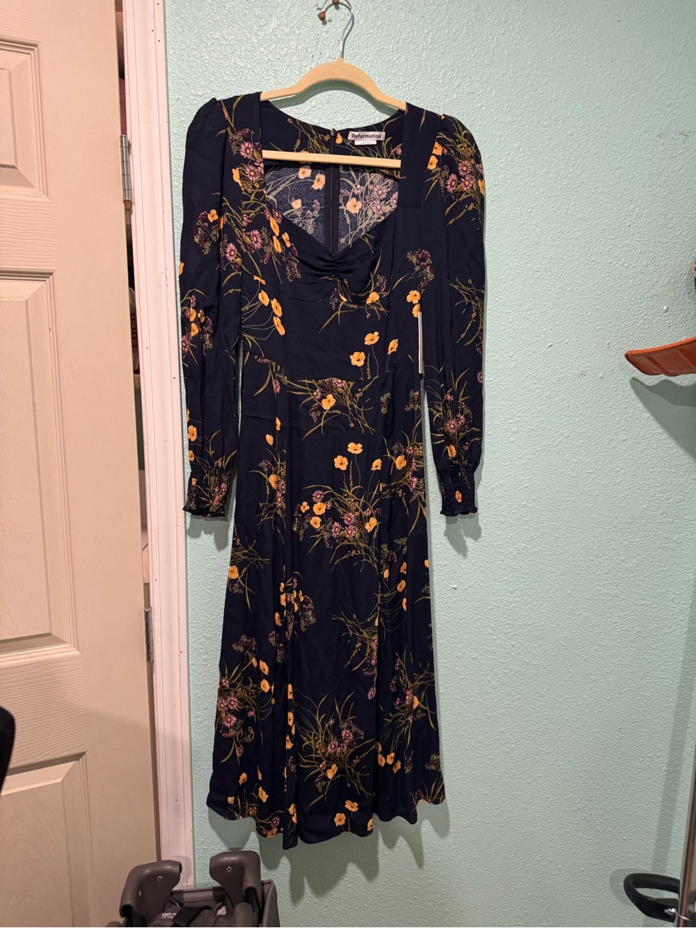 Reformation Hunt Navy Floral Maxi Dress with Yellow & Pink Blooms NEW